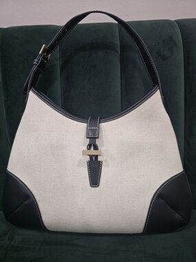 H&M Cream Canvas Shoulder Bag with Black Trim and Gold Accent
